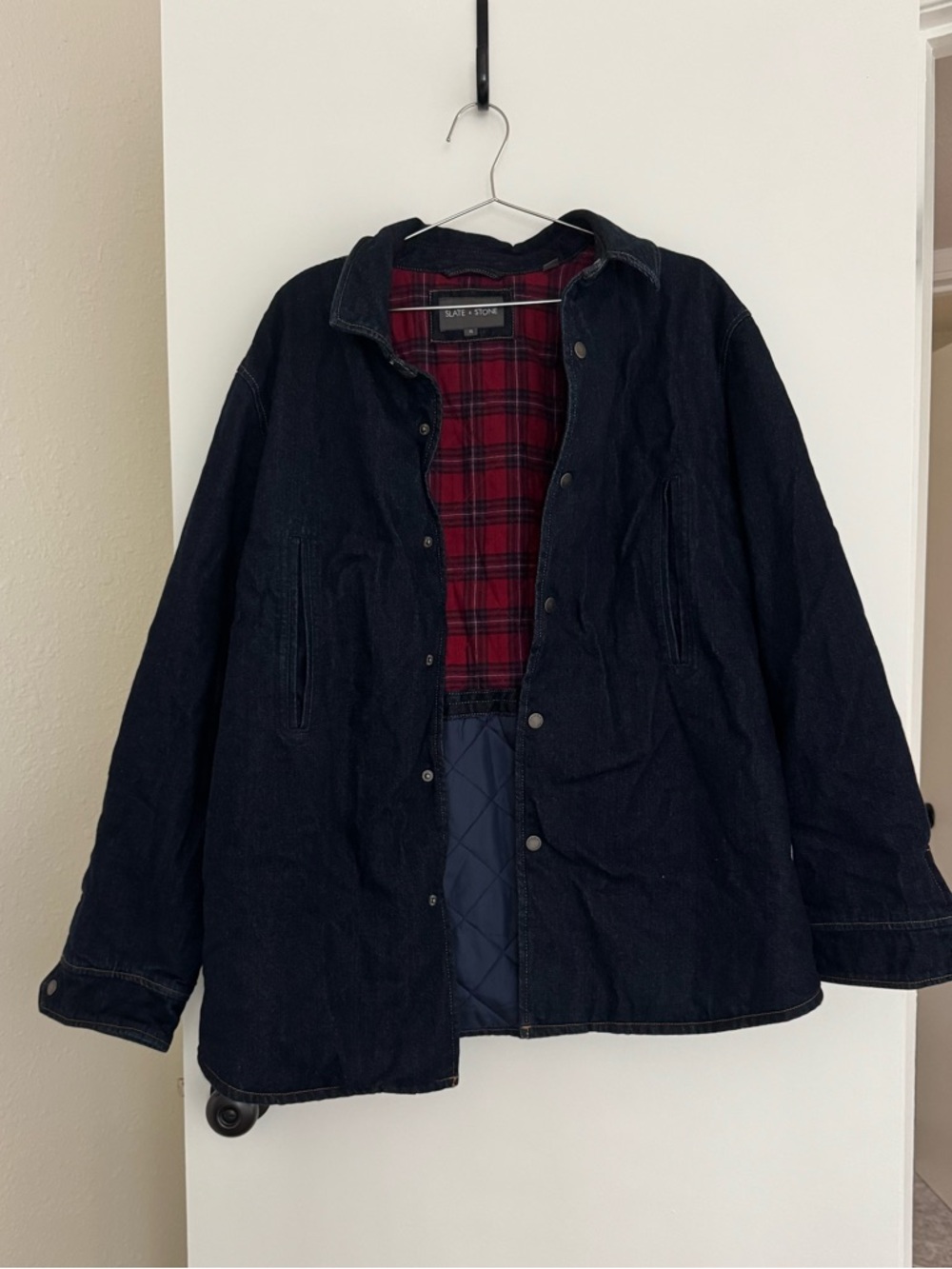 Mens Slate & Stone Bluden Black Denim Shirt Jacket Plaid & Quilt Lined XLarge